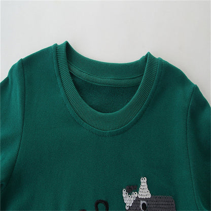 Boys Dinosaur Print Cotton Sweatshirts - Dark Green
