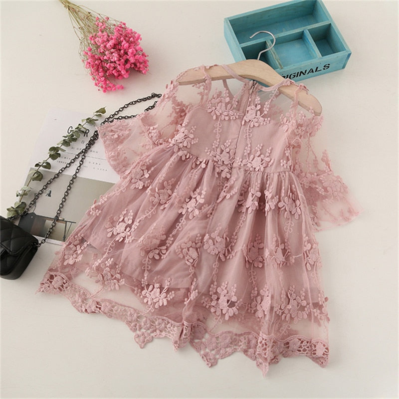 Baby Girls Long Sleeve Lace Dress with Flower Pattern - Pink, White, Black.