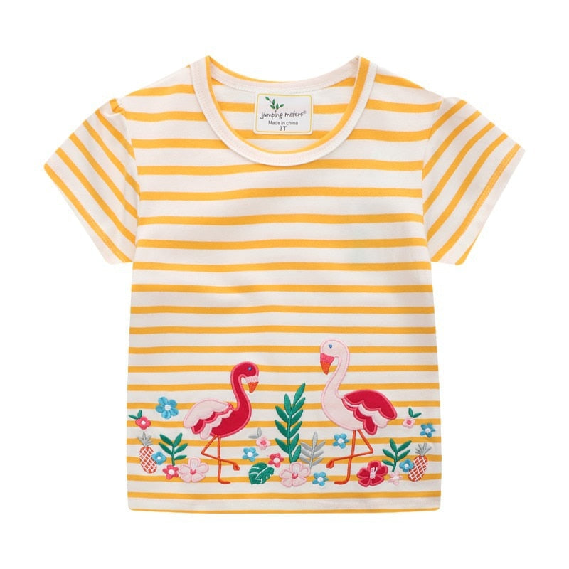 Girls Summer Short Sleeve Cotton T-shirt with Animals Embroidery - Striped Yellow, Light Pink.