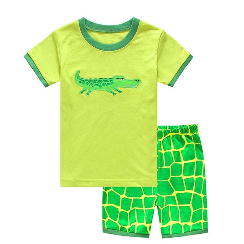 Summer Boys Cute Design Short Sleeve Pyjamas Set - Grey, White, Green.
