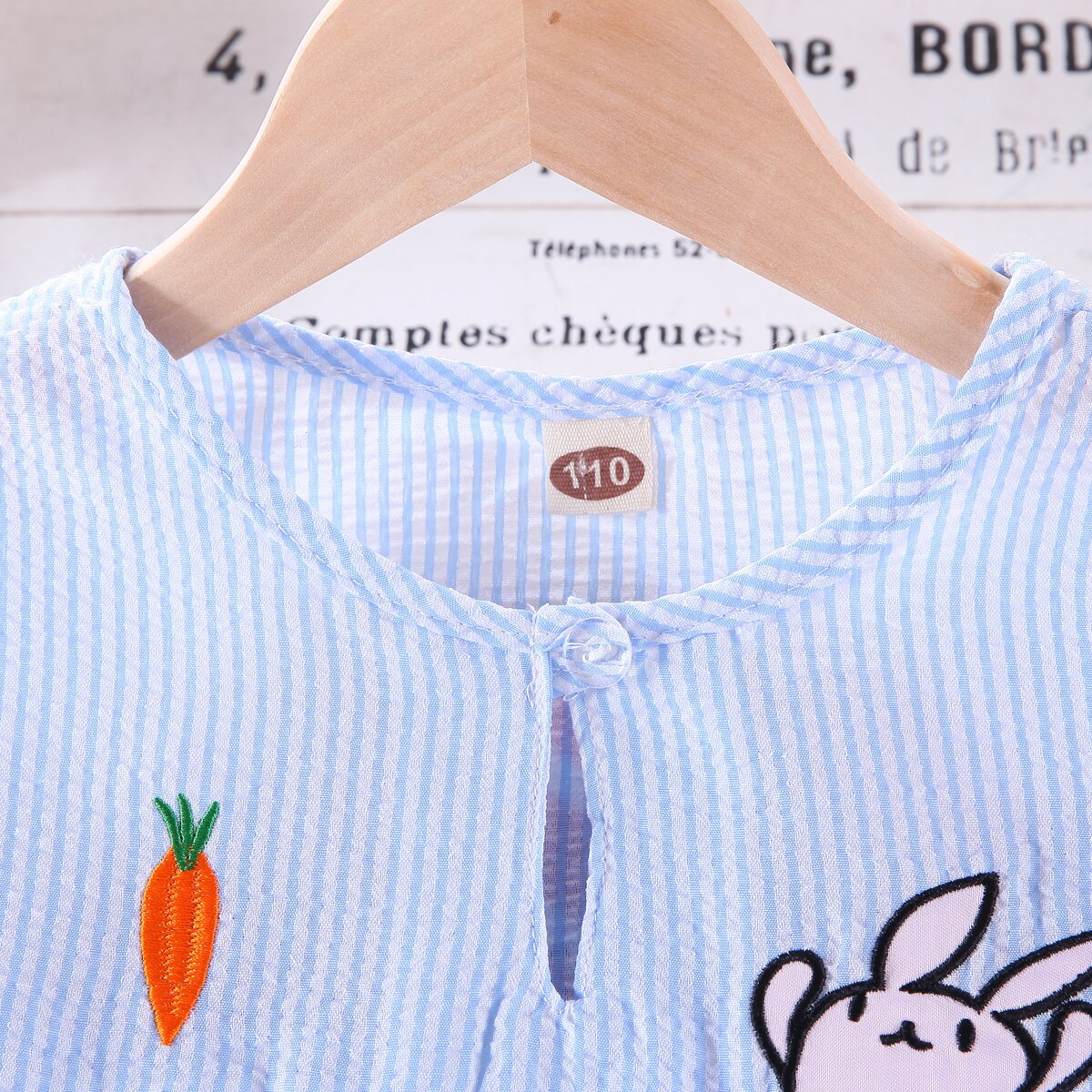 Girls Long-sleeved Cartoon Bunny with Carrot Cotton Blouse - Blue, White.