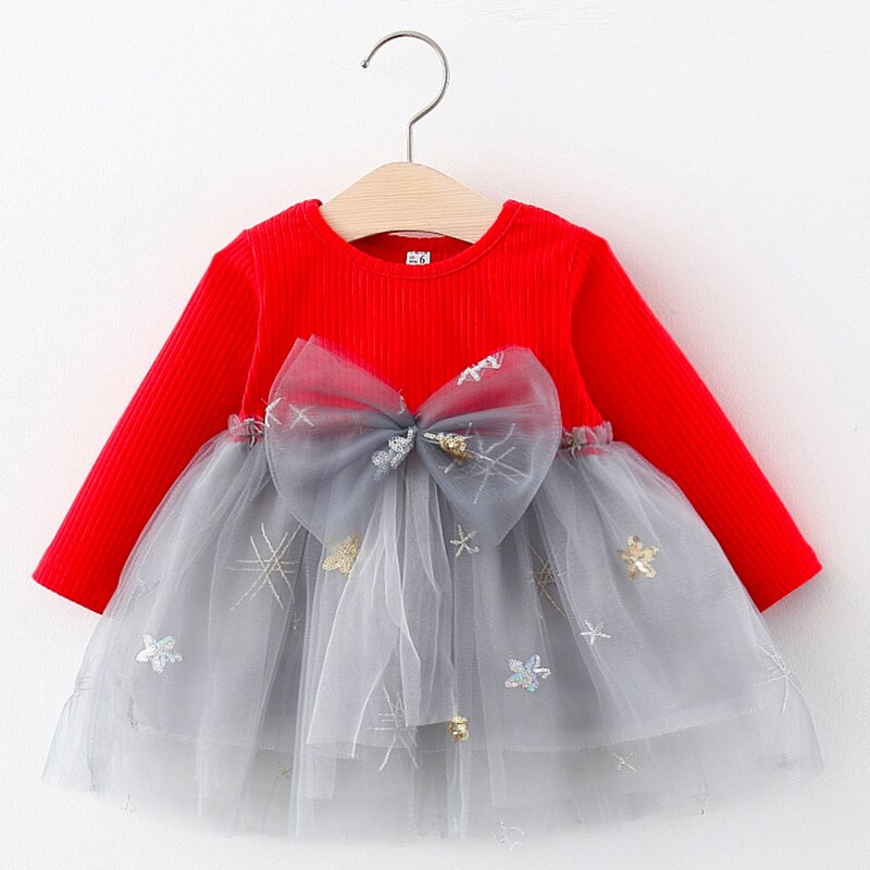 Little Girls Long Sleeve Party Dress with Cute Bow.