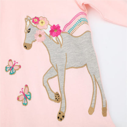 Girls Unicorn Embroidered Long Sleeve Cotton T-shirts - Pink, Navy