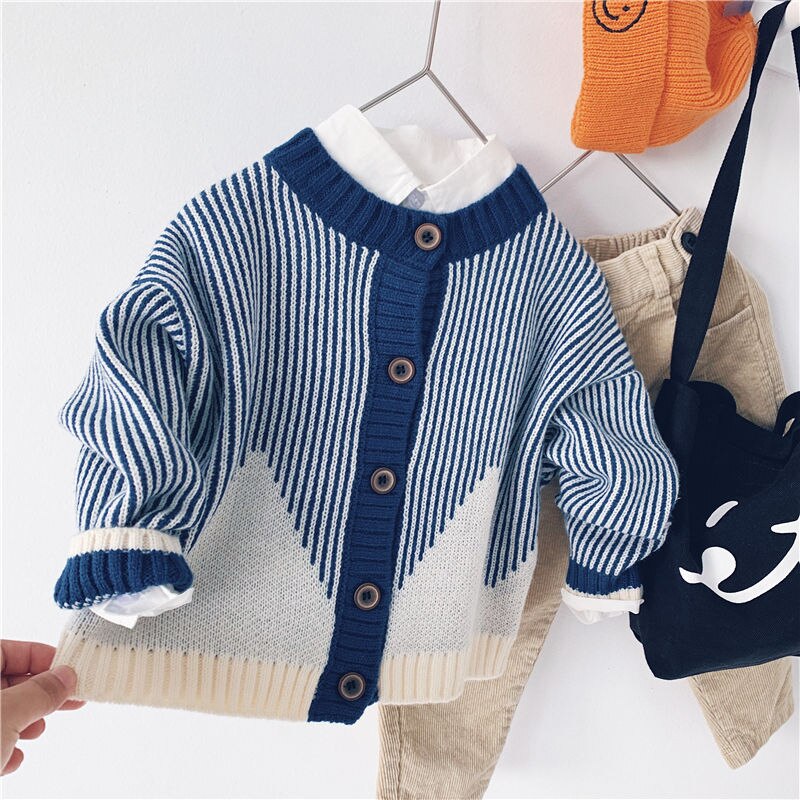 Boys Knitted Striped Cardigan - Blue & White.