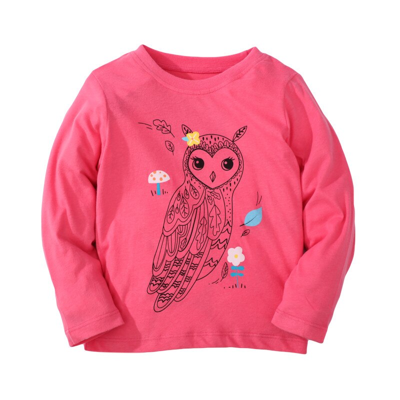 Girls Cartoon Owl Long Sleeve Cotton Top - Hot Pink.
