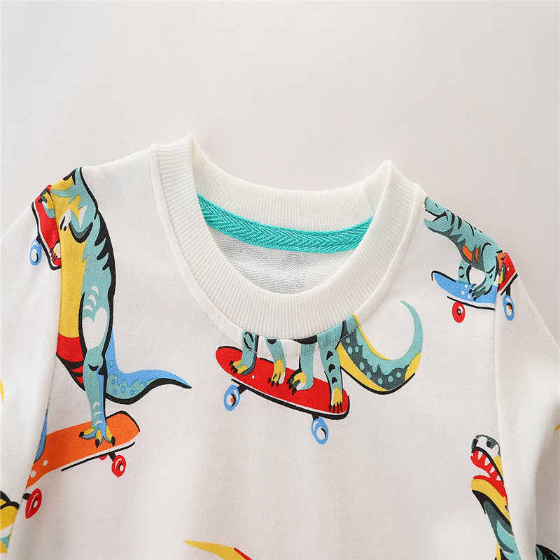 Kids Dinosaurs Print Long Sleeve Cotton Sweatshirt - White.