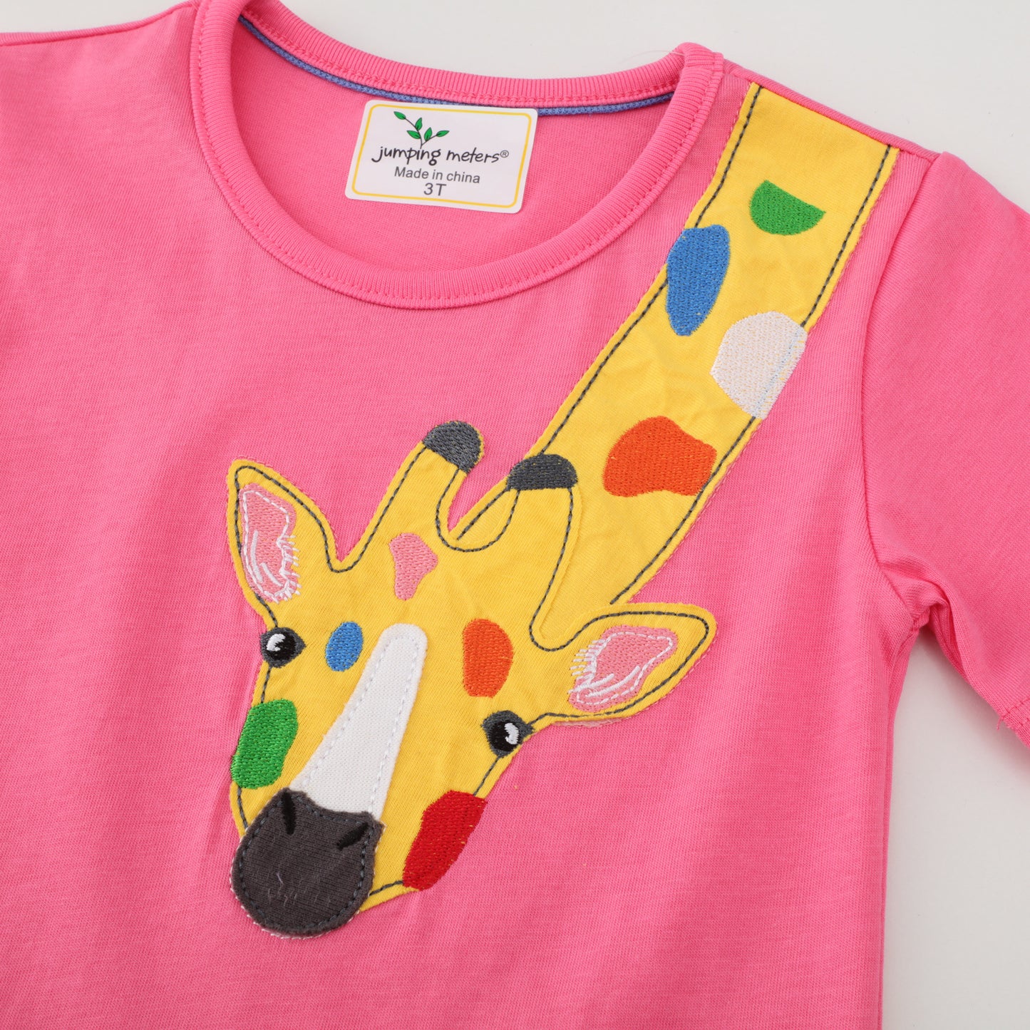 Girls Summer Short Sleeve Cotton T-shirt with Animals Embroidery - Fuchsia.
