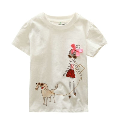 Baby Girls Cute Cartoon 'Baby Girl And Dog' Creative Cotton T-shirt - White, Blue, Apple.