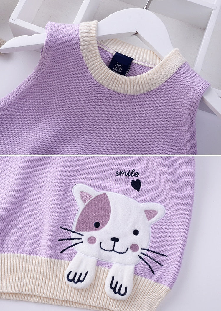 Girls Cartoon Embroidered Cat Knitted Vest - Blue, Green, Lavender.