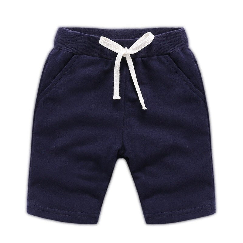 Children's Summer Solid Colour Elastic Waist Cotton Shorts - Blue, Navy Blue, Light Blue.