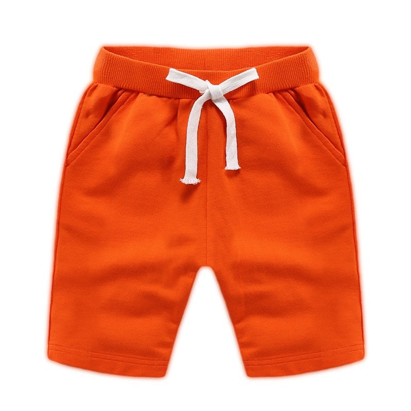 Children's Summer Solid Colour Elastic Waist Cotton Shorts - Orange, Red, Yellow.