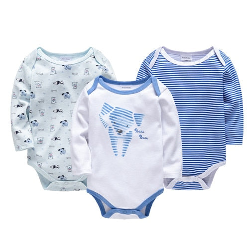 3 pcs/pack Baby Boys Girls Long Sleeve Cartoon Print Cotton Bodysuits - Navy Blue, White, Blue, Grey, Pink.