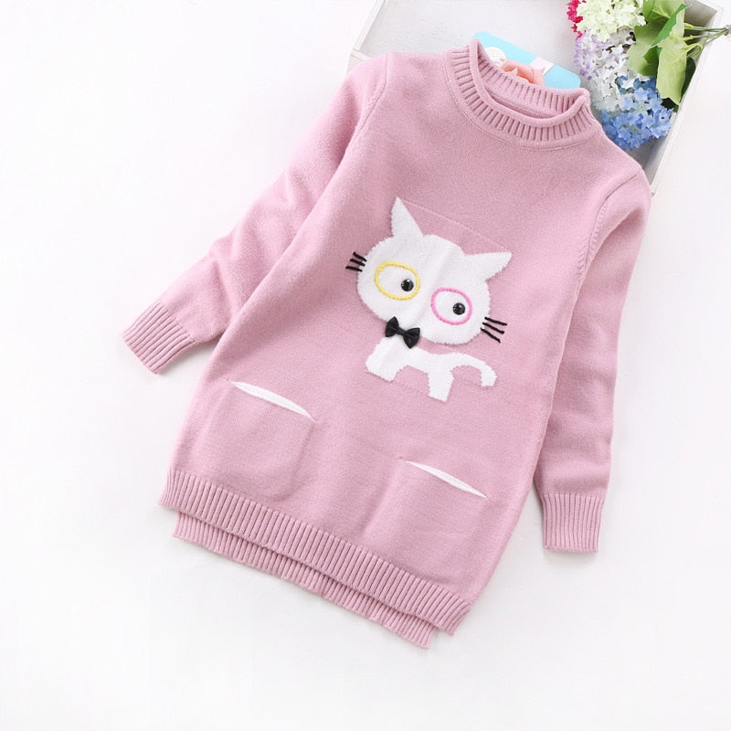 New Spring Girls Animal Print Long Sweater - Grey, Pink, Green.