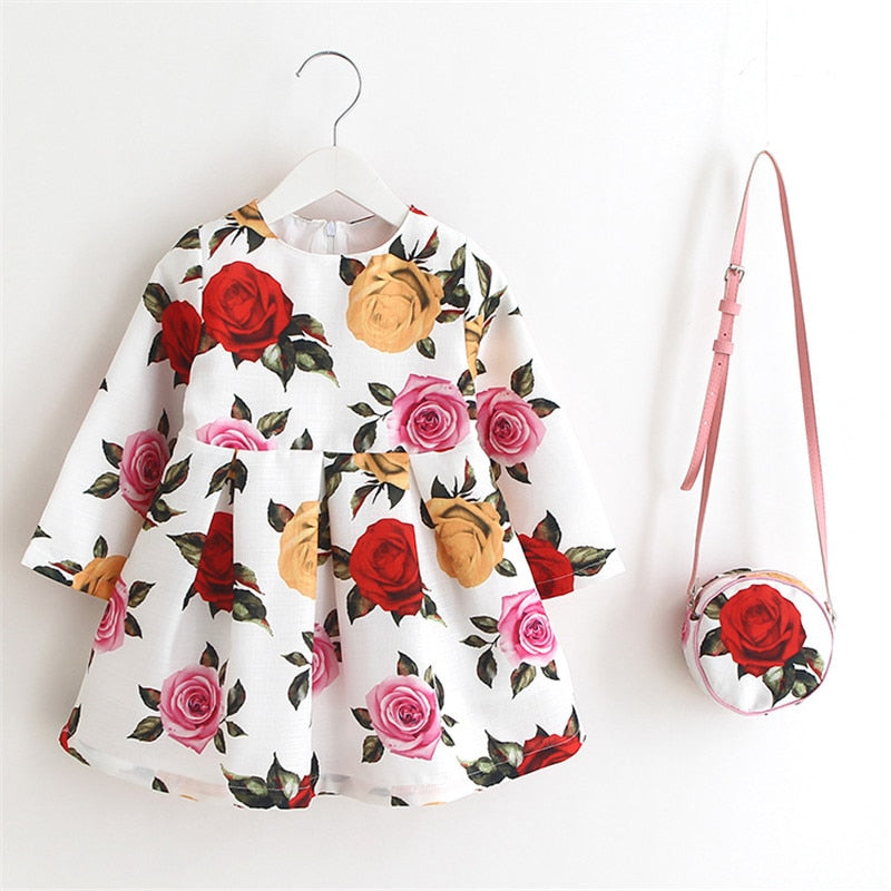 Girls Long Sleeve Floral Print Girl Dress + Bag.