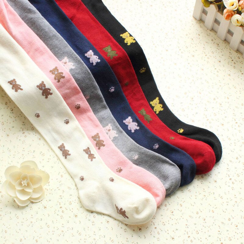 Cotton Tights for Girls with Cute Cartoon Bear - Black, Blue, Grey, Pink, White