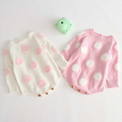 Newborn Baby Girl Boy Candy Colour Knitted Overall - White, Pink, Dots.