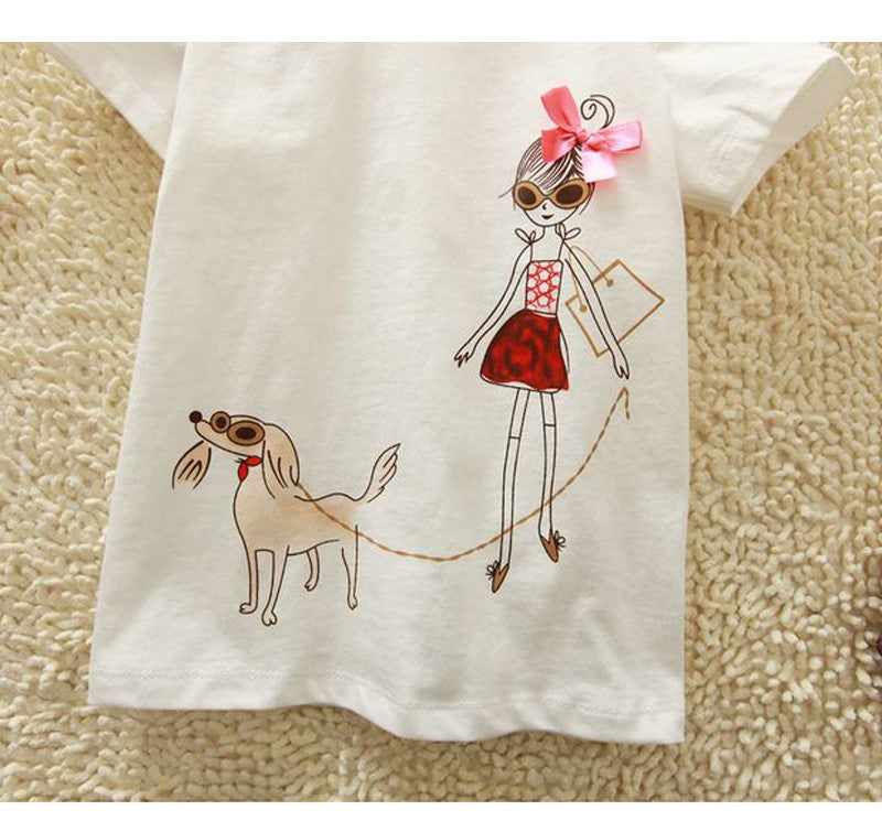 Baby Girls Cute Cartoon 'Baby Girl And Dog' Creative Cotton T-shirt - White, Blue, Apple.