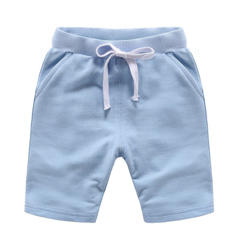 Children's Summer Solid Colour Elastic Waist Cotton Shorts - Blue, Navy Blue, Light Blue.