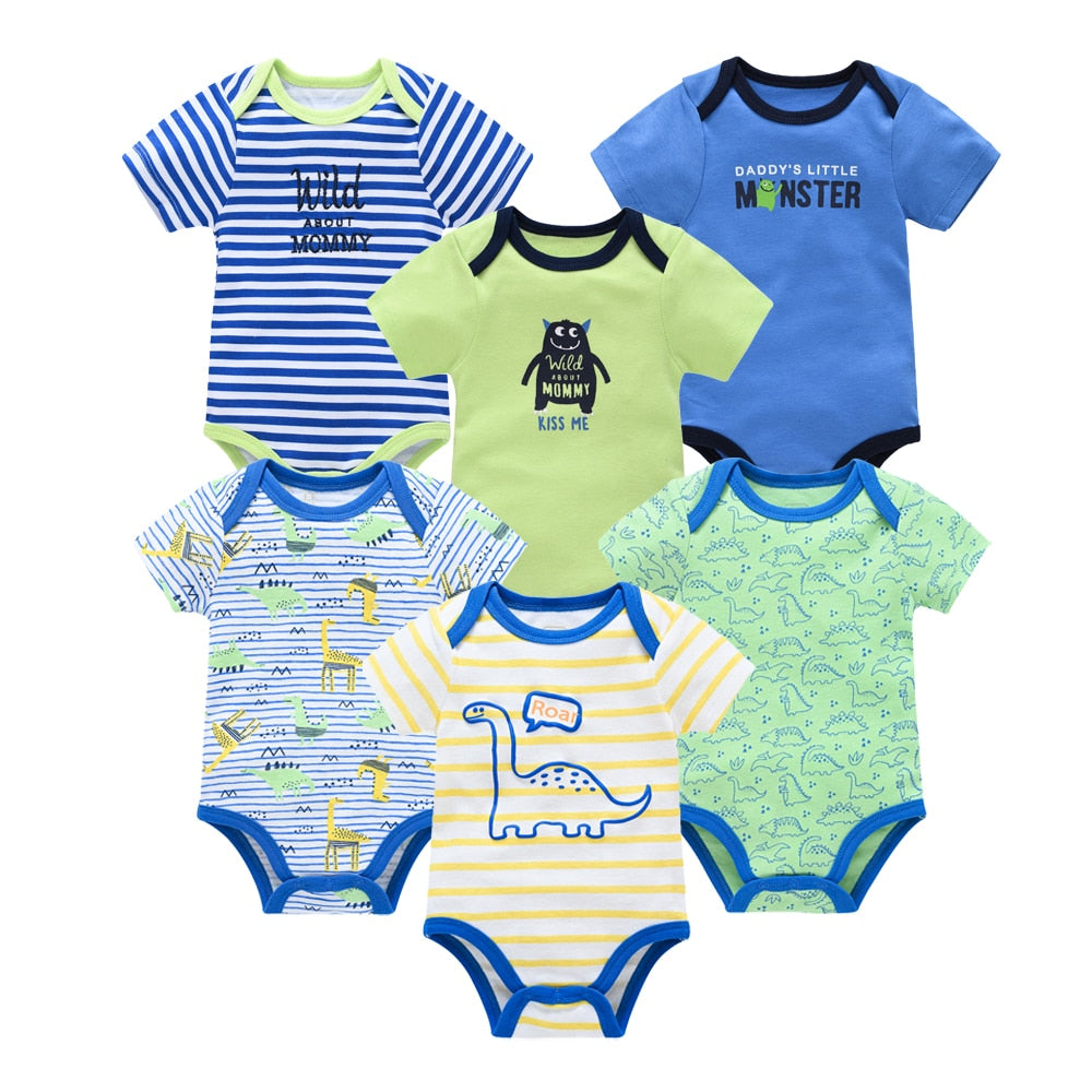 6 pcs/pack Baby Boys Short Sleeve Cartoon Print Cotton Bodysuits - Black, Yellow, White, Blue, Green