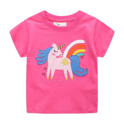 Girls Summer Short Sleeve Cotton T-shirt with Animals Embroidery - Bright Pink.