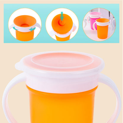 360 Degrees Can Be Rotated Baby Learning Drinking Cup with Double Handle - Orange, Blue, Green, Bright Pink