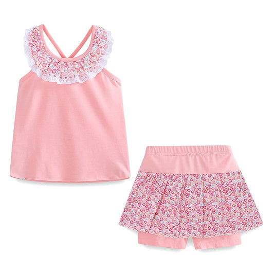 Floral Summer Girls Backless Cold Shoulder Outfit of Top and Skirted Short  - Pink, Light Pink