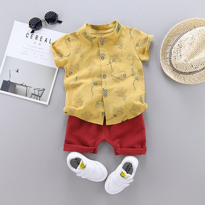 2pcs Baby Boys Cotton Summer Clothing Set of Shirt & Shorts - Beige, Navy Blue, Yellow.