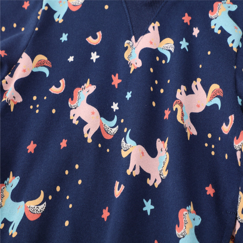 Kids Dinosaurs Print Long Sleeve Cotton Blend Outfit, 2 pcs Set of Sweatshirt + Pants - Navy Blue.