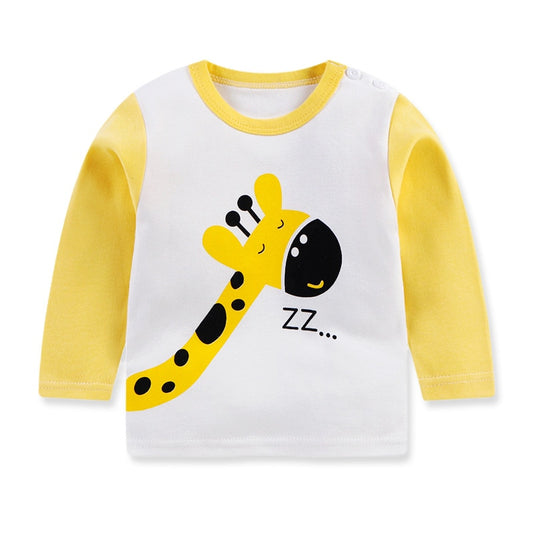 Kids Cartoon Animal Long Sleeve Cotton T-Shirt - Yellow, Blue, Navy.