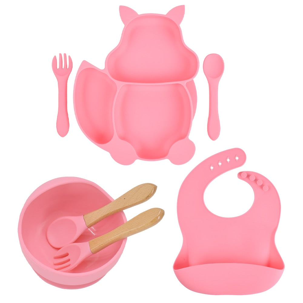 7pcs/set Baby Silicone Suction Children's Tableware Set - Yellow, Pink, Yellow, Bordeaux.