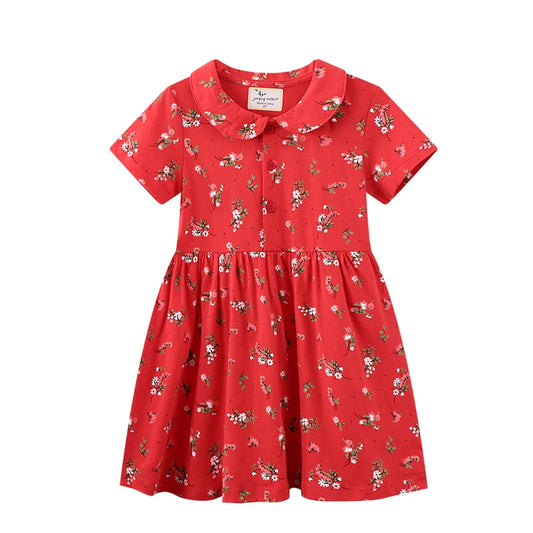 Summer Baby Girls Flower Print Casual Cotton Dress - Red.