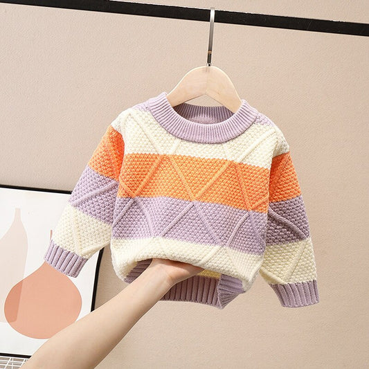 New Spring Kids Long Sleeve O-Neck Rhombus Knitted Sweater - Orange, White, Purple.