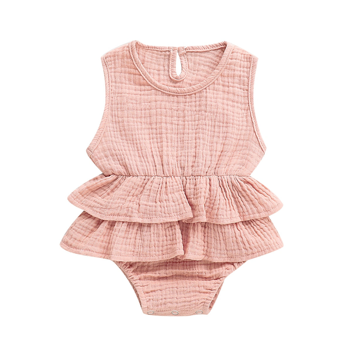 Baby Girl Summer Solid Ruffles Sleeveless Cotton Linen Sunsuit - Purplish Grey, Pink, White, Yellow, Purplish Red, Brick Red