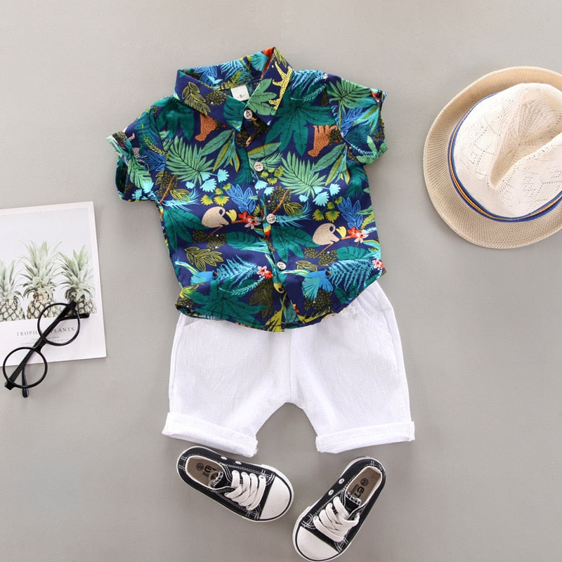 2pcs Baby Boys Cotton Summer Clothing Set of Shirt & Shorts - Blue, White, Green.