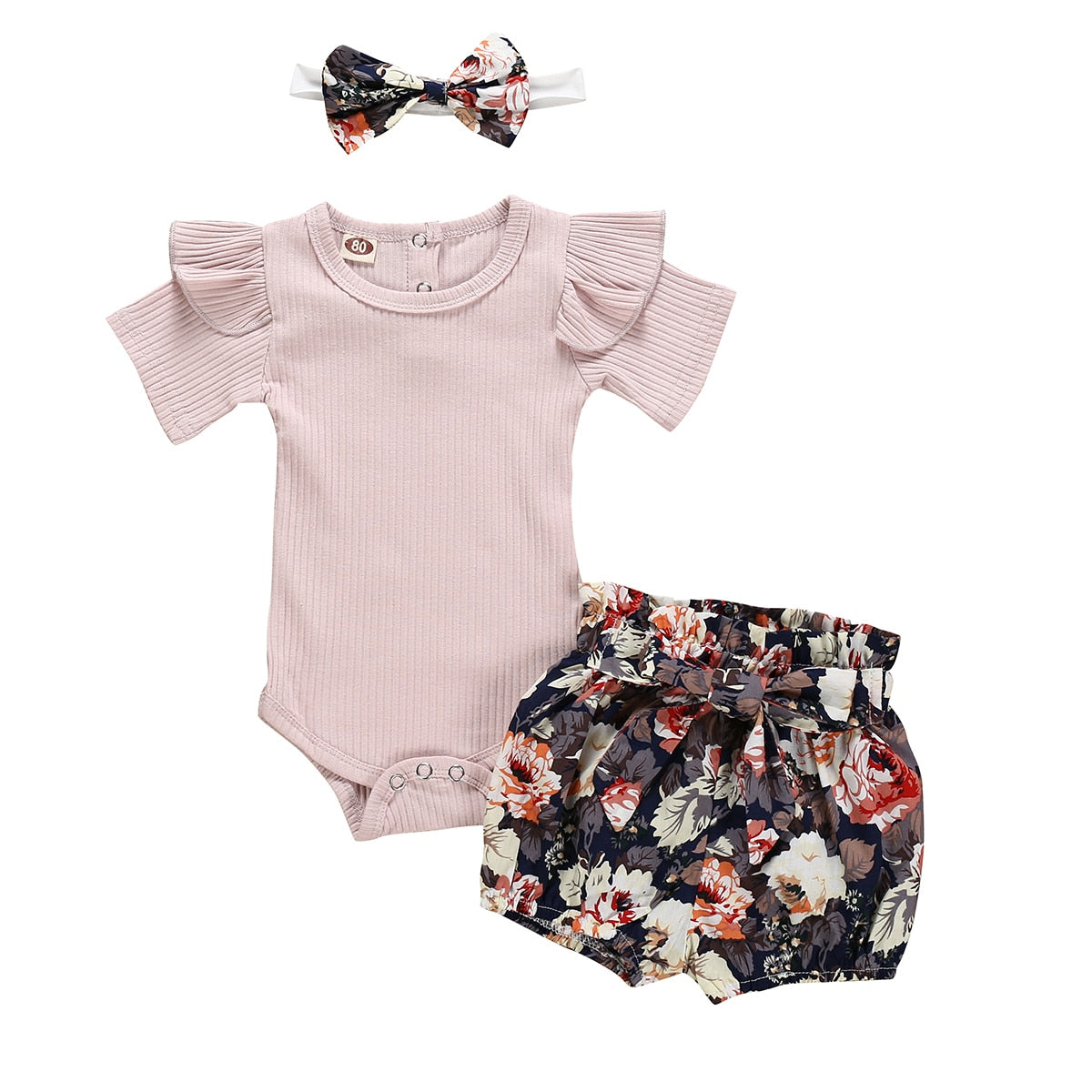 3 Piece Girls Short Sleeve Outfit with Floral Shorts & Headband - Blue, Khaki, Red, Grey, Yellow, White