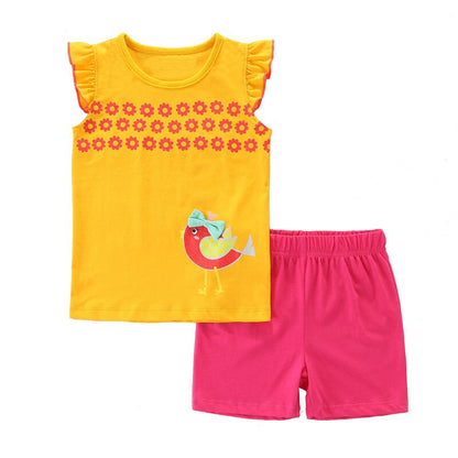 Zeebread Summer Bird Applique Girls Clothing Sets With Cute Animals Cotton Children&#39;s Outfits Toddler 2 Pcs Suits.