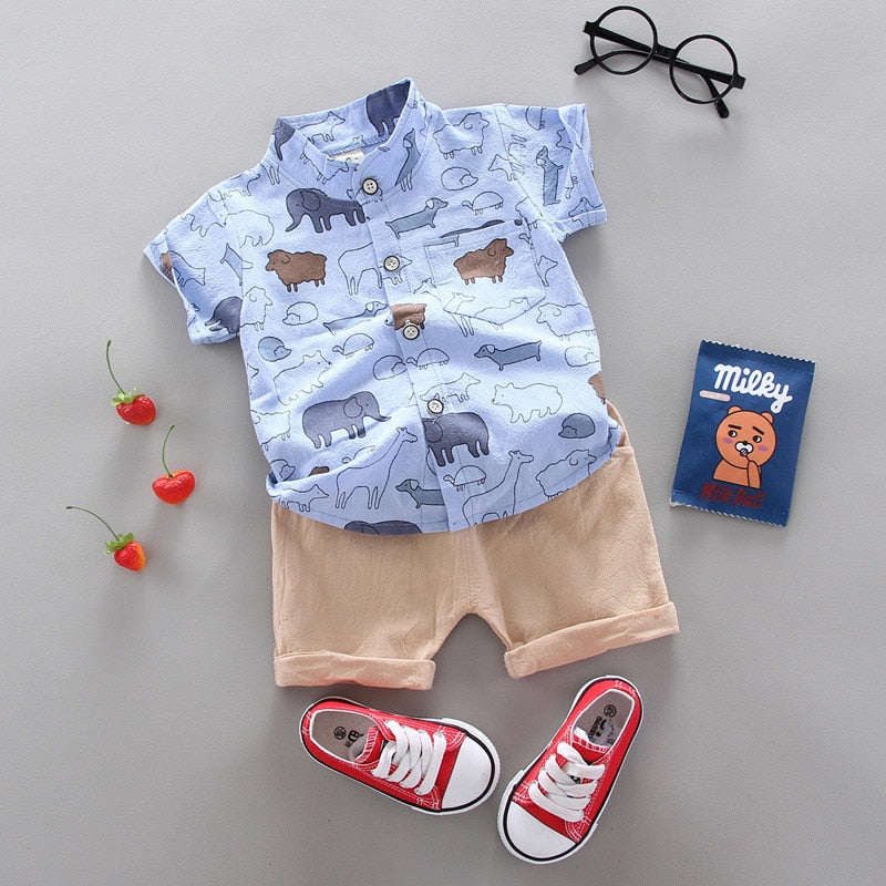 2pcs Baby Boys Cotton Summer Clothing Set of Shirt & Shorts - White, Blue, Black.