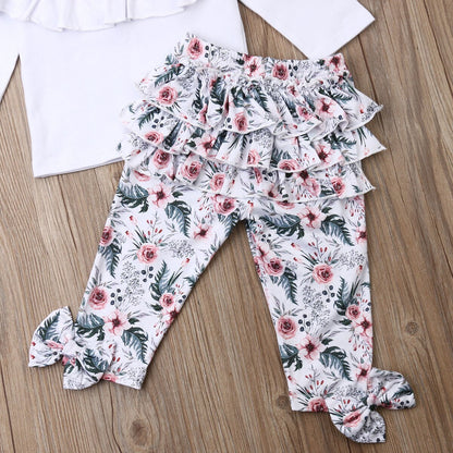 Baby Girl Clothes Set of White Ruffle Top, Floral Pants, Headband, 3pcs Outfit.