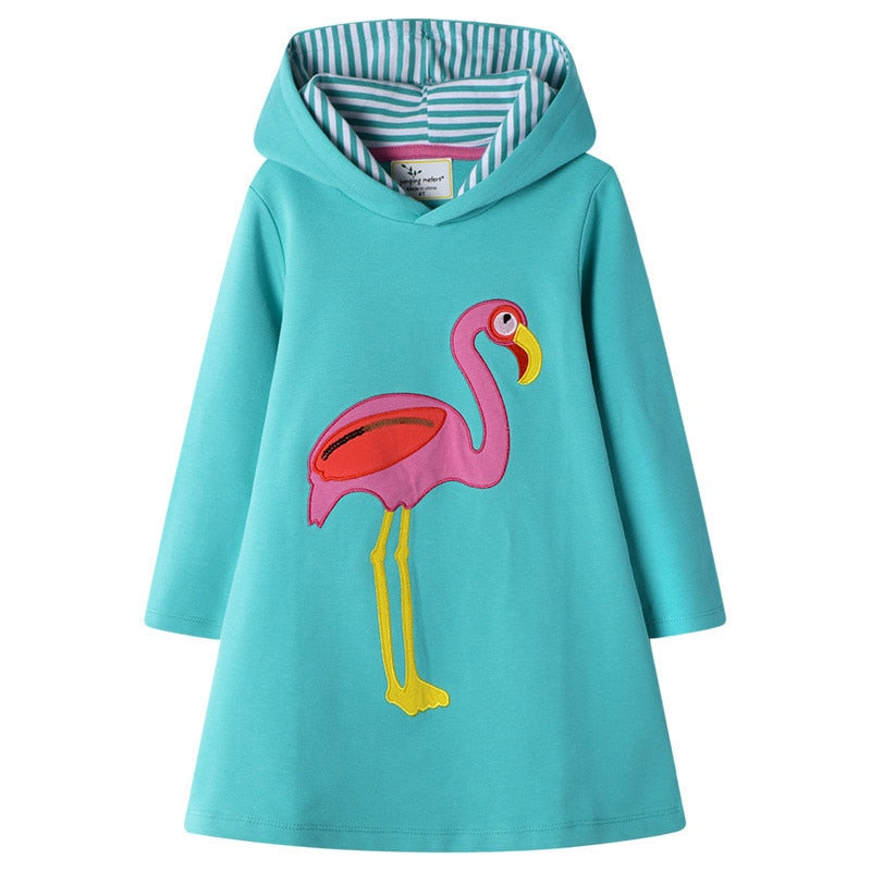 Girls Hooded Sweatshirt Cotton Dresses - Floral, Flamingos Applique.