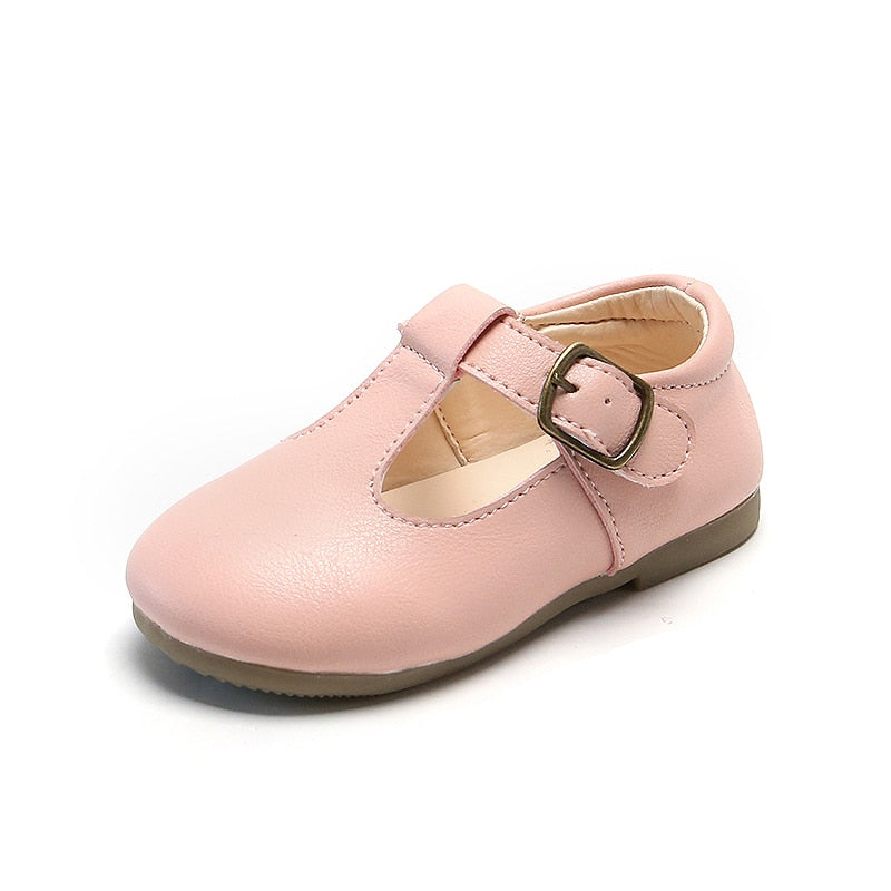 Baby Girls Leather T-Bar Solid Colour Shoes - White, Pink, Black, Brown
