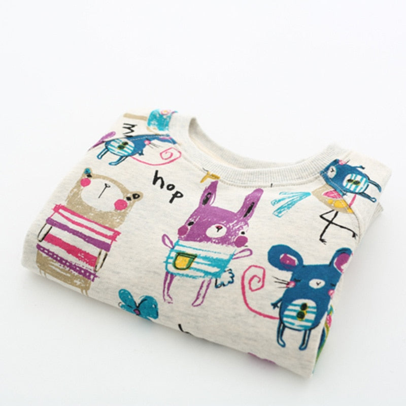 Baby Girls Cartoon Animal Print Long Sleeve Cotton Loose Sweatshirt - Beige.