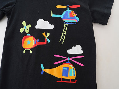 Summer Boys Short Sleeve Cartoon Helicopter Cotton T-shirts - Black, Green.