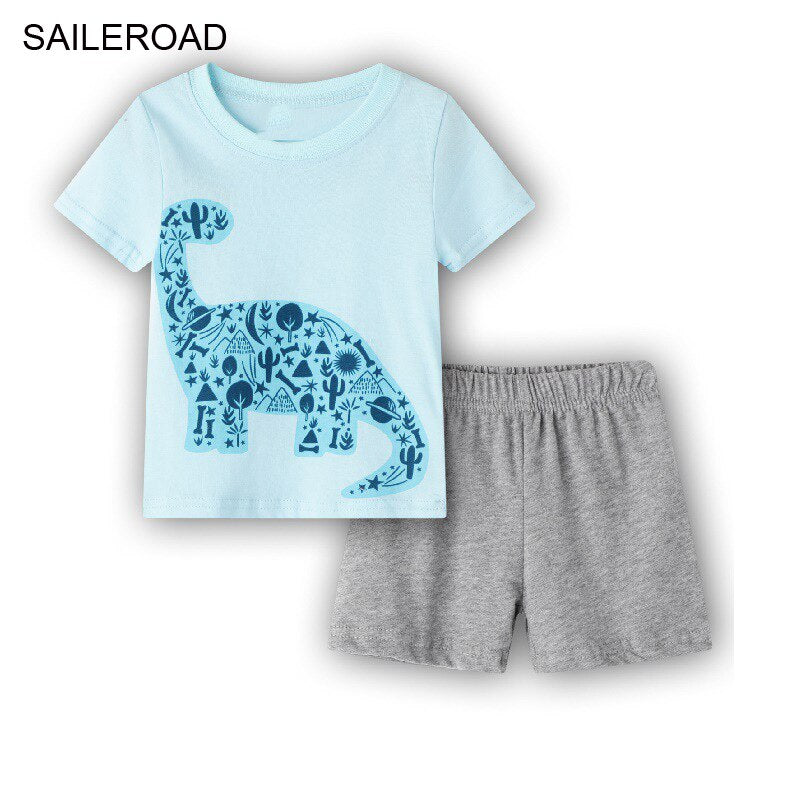 Summer Boys Cute Design Short Sleeve Pyjamas Set - White, Blue, Grey.