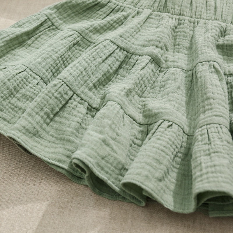2022 Summer Girls Solid Colour 100% Cotton Ruffle Skirt - Green, Dark Green, Black, Dark Pink, Khaki, Grey.