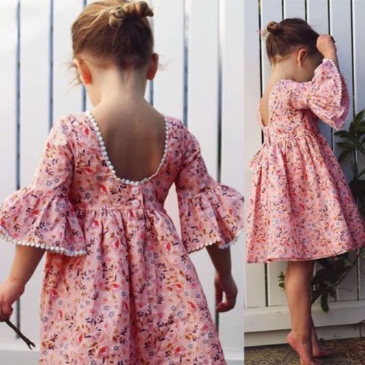 Girls Long Sleeve Floral Print Cute Cotton Dress.