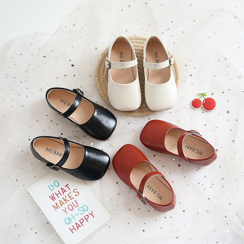 Soft Leather Shoes with Buckle on Flat Sole - Beige, Black, Red.