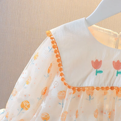 Newborn Baby Girl Flower Print Long Sleeve Princess Dress - Pink, Orange.