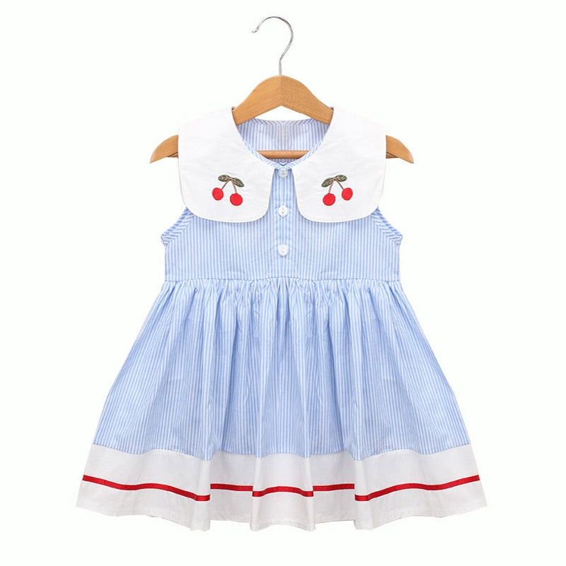 Summer Fancy Princess Dress Embroidered with Сherries  - Sky Blue