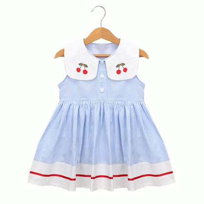 Summer Fancy Princess Dress Embroidered with Сherries  - Sky Blue