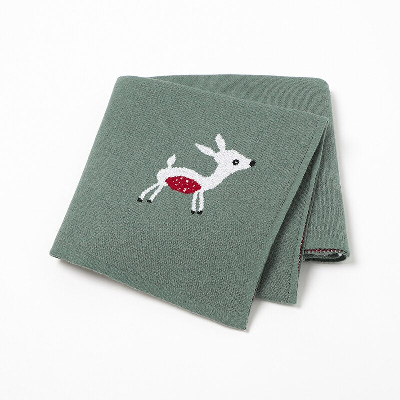 Newborn Babies' Knitted Cute Deer Super Soft Cotton Blankets - Grey, Brown, Green.
